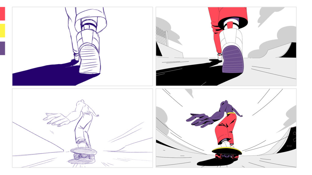 Illustration animation 2d traditionnelle skateboard FEVR studio Animation Paris