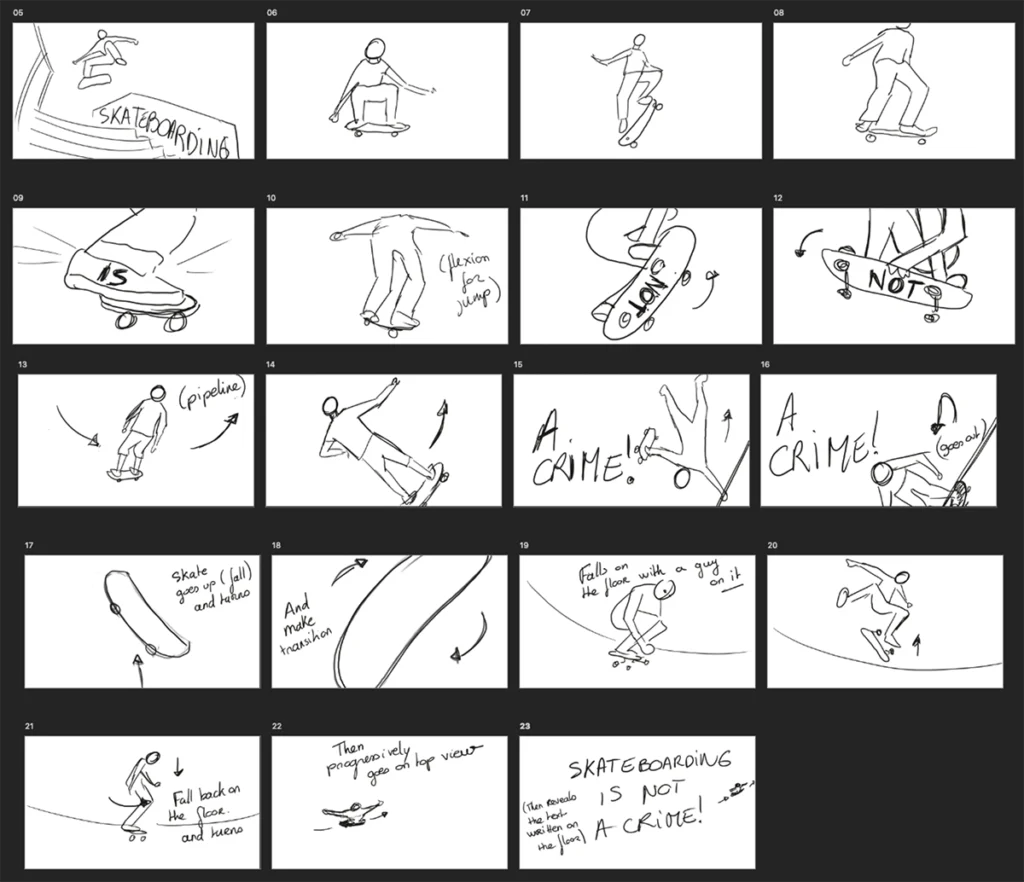 Exemple storyboard crayonné animation 2d traditionnelle skateboard FEVR studio Animation Paris